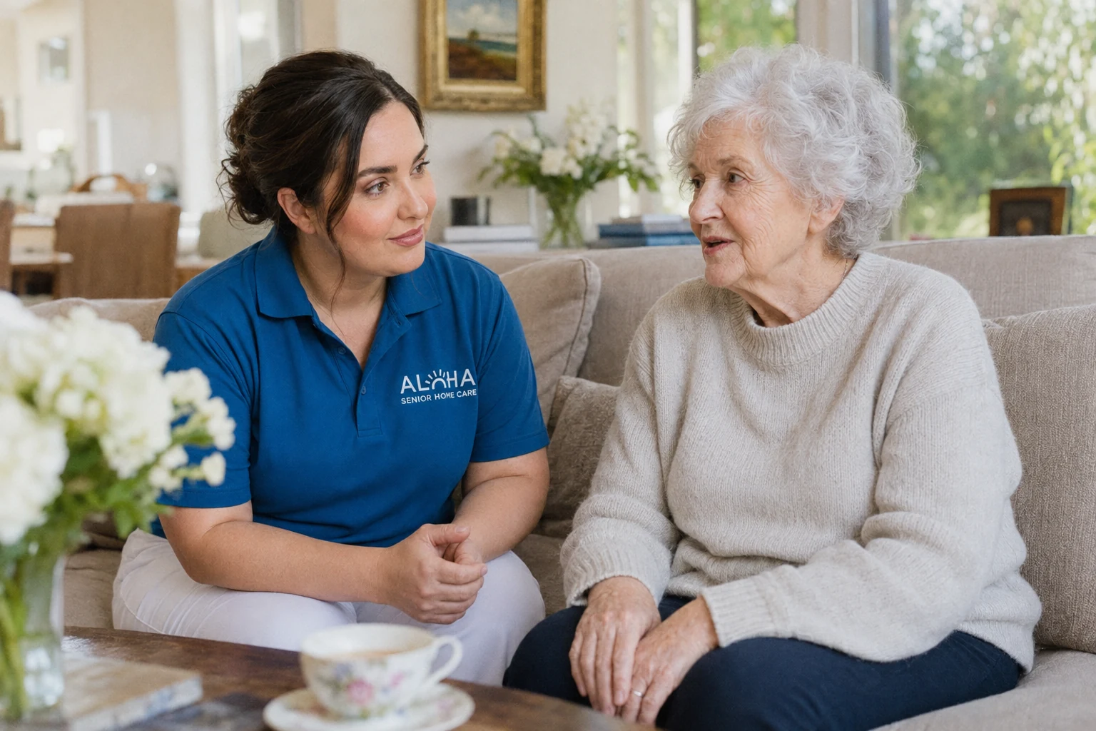 An Aloha companion sharing coffee and conversation with a senior woman at home