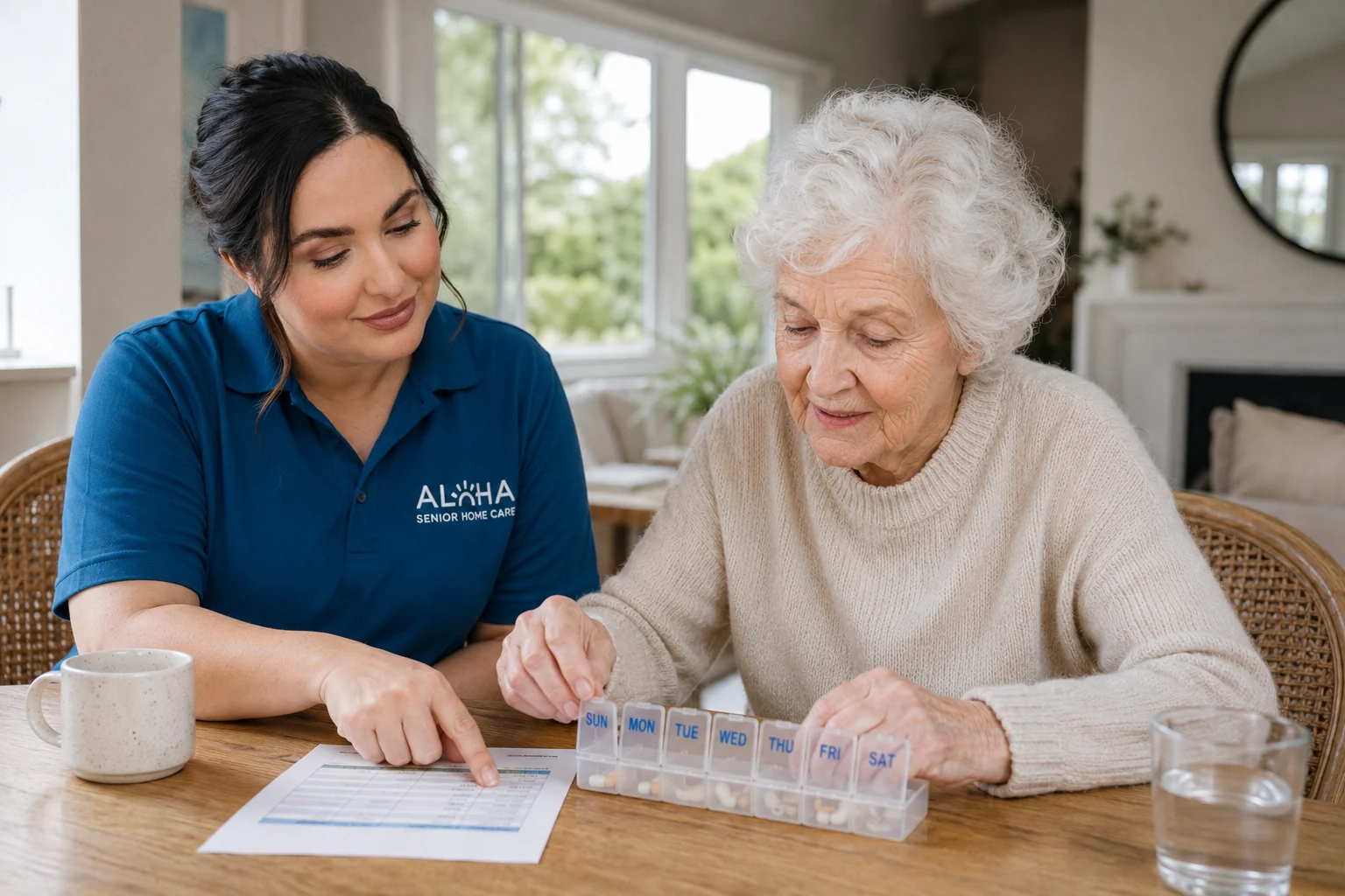 An Aloha caregiver pointing to a medication schedule beside a weekly pill organizer as a senior woman manages her own medications at home in San Diego