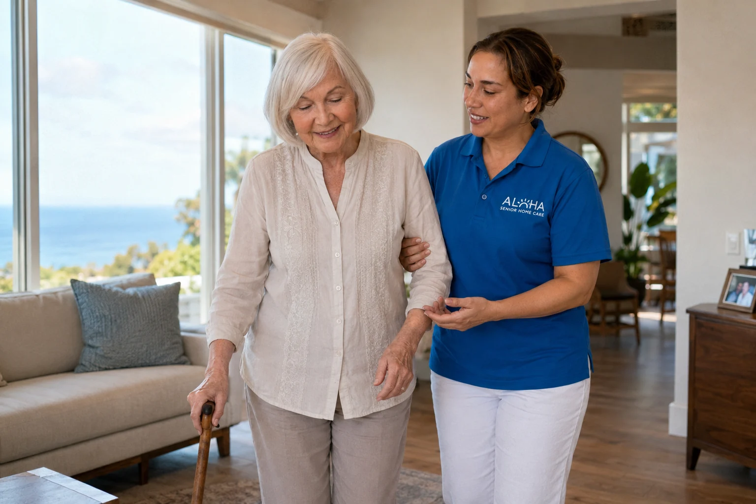 An Aloha caregiver steadying a senior woman with a cane as she regains her strength walking at home in San Diego