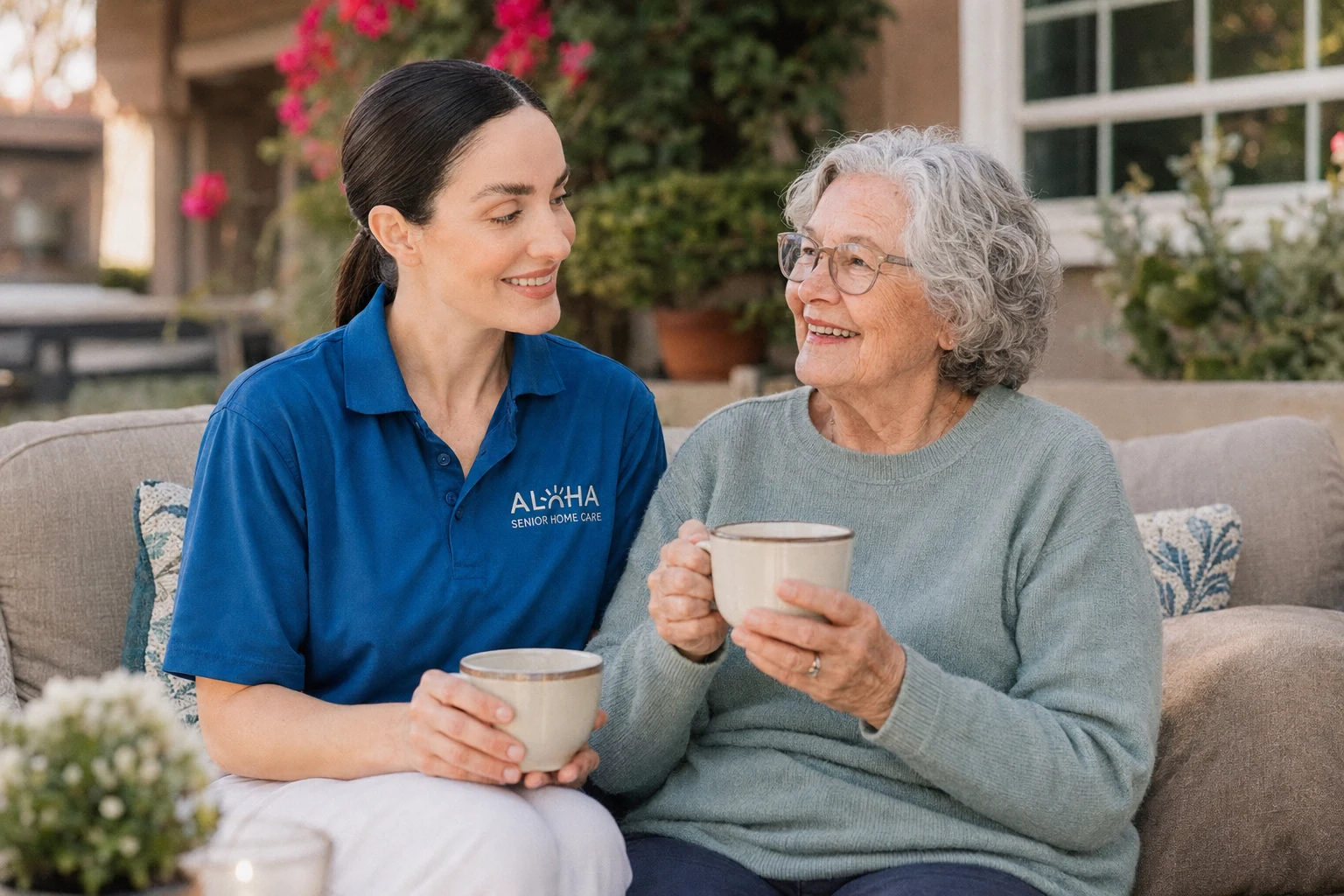 An Aloha caregiver enjoying coffee and conversation with a senior woman at home in San Diego