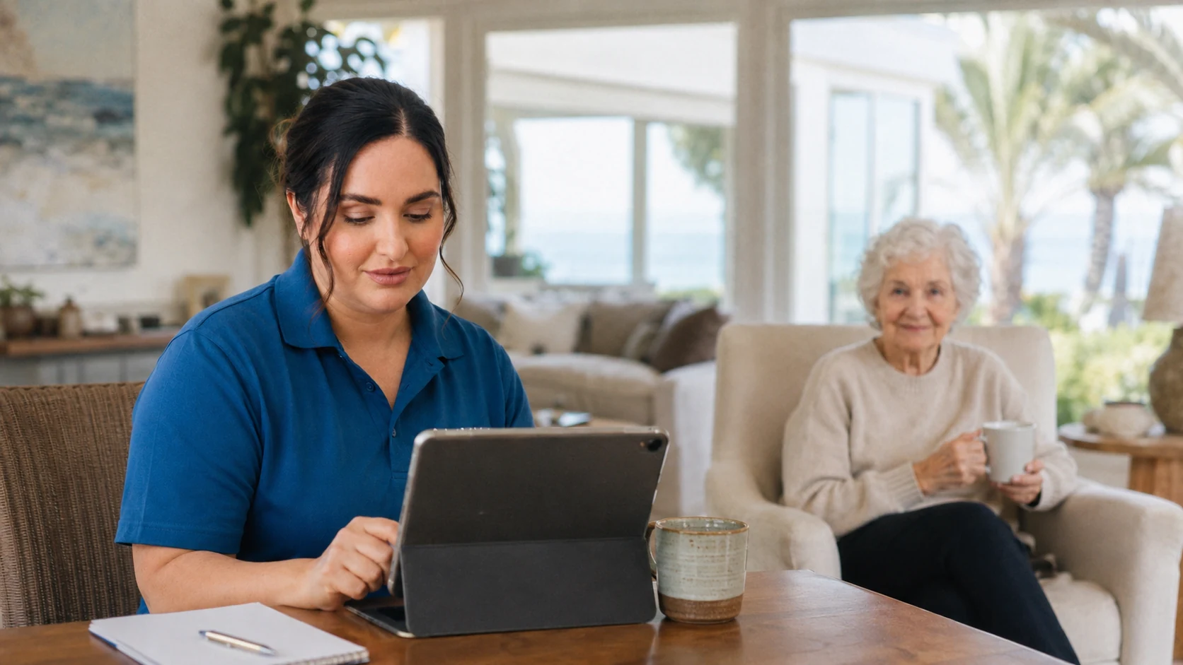 An Aloha caregiver using a tablet to coordinate care for a senior client at an oceanview home in San Diego