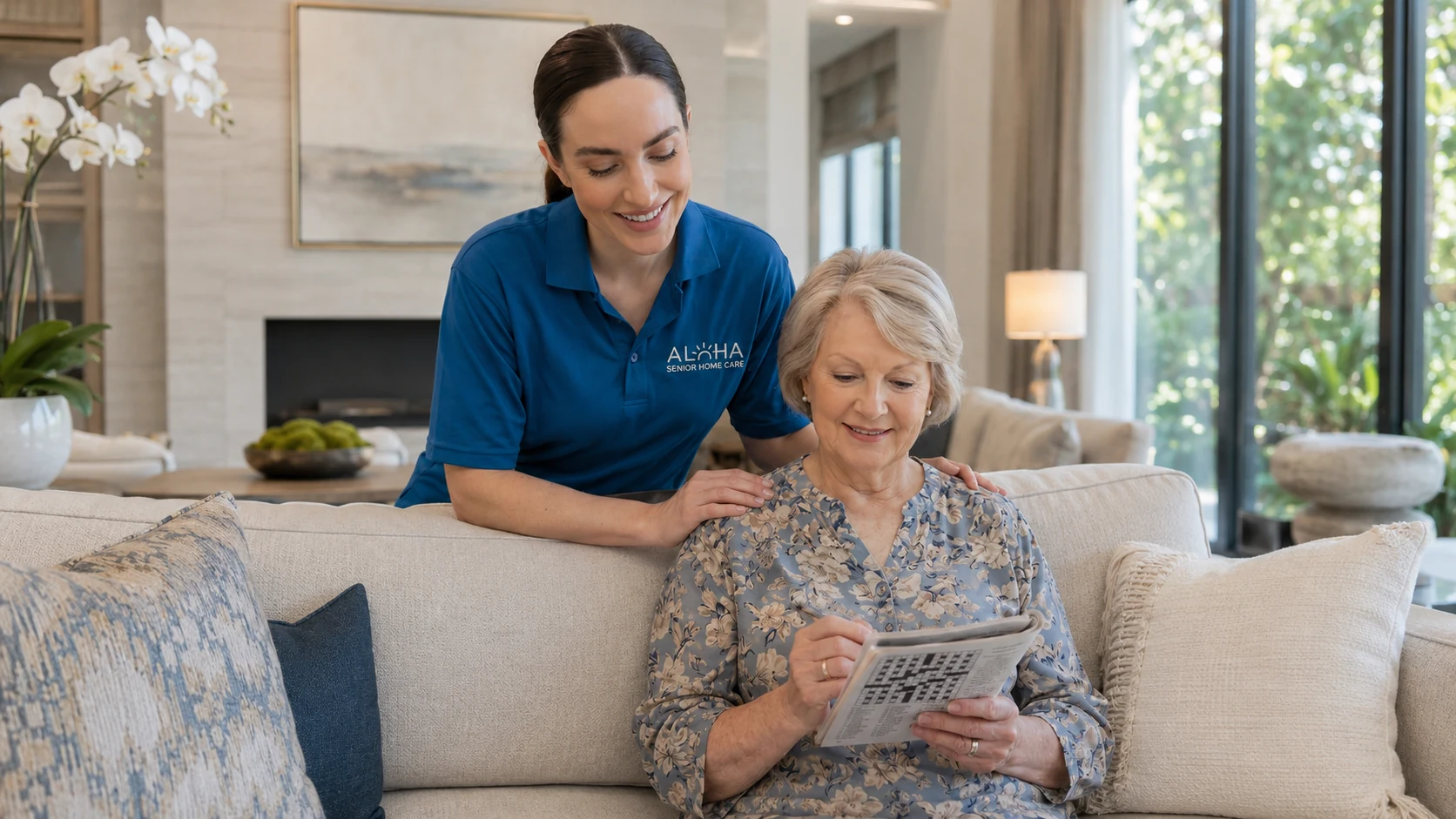 An Aloha caregiver beside a senior woman at home in San Diego