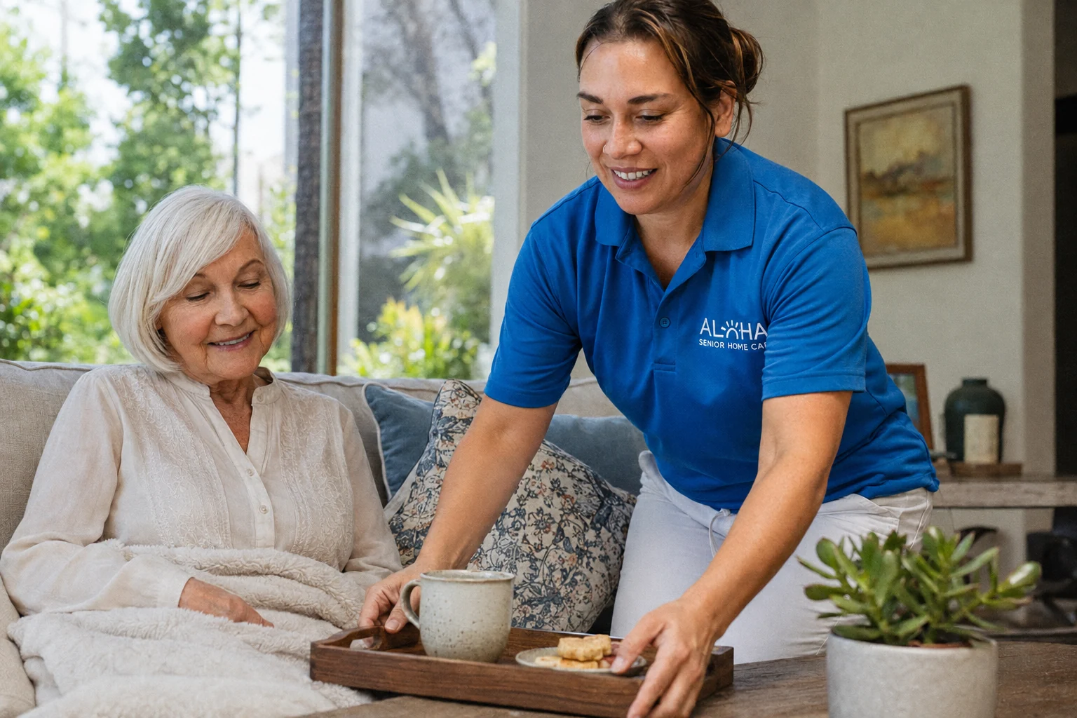 An Aloha caregiver bringing tea to a senior woman recovering comfortably on the sofa at home in San Diego